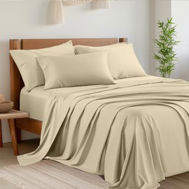 Shilucheng 6 Piece King Sheet Sets, Cooling Sheets, Blend Rayon Derived from Bamboo, Deep Pocket Up to 16", Breathable & Soft Bed Sheets, Hotel Silky Bedding Set, Beige