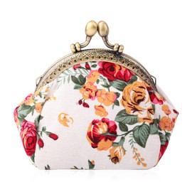 Oyachic Printed Coin Purse Vintage Pouch Buckle Clutch Bag Kiss-Lock Change Purse Floral Clasp Closure Wallets for Women Girl (White)