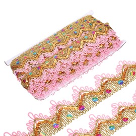 QUARKZMAN 10 Yard Shiny Beaded Lace Trim 1.4 Inch Metallic Sequin Lace Fabric Ribbon Flat Sewing Fabric Trims Strips for DIY Crafts Sewing Clothes Gift Wrapping Home Decoration Pink/Gold