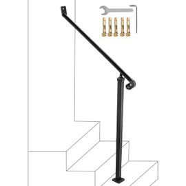 Happybuy Handrails for Outdoor Steps 2-3 Step Railings Wrought Iron Handrail Stair Railings for Steps Black Iron Railings for Steps Wall and Floor Mounted with Installation Kit