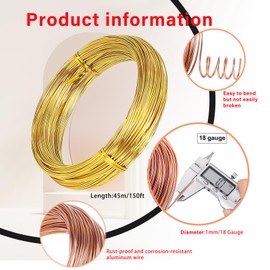 18 Gauge 1mm Gold Aluminum Craft Wire,45m Bendable Metal Crafting Wire for Sculpting,Bike Modelling Skeleton Crafting Floral Making Wire,Jewelry Making Wire,Binding Wire for Xmas Wreath Wire