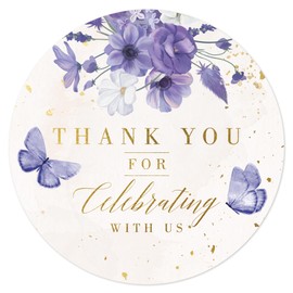 Mobiusea Creation Purple Floral Thank You for Celebrating with Us Stickers | Gold Foil Wedding Favor Stickers | 60pcs Waterproof 2" Thank You Labels for Baby Shower, Bridal Shower, Parties