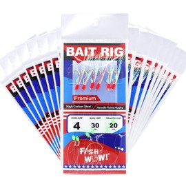 20pks Fish WOW! Size 4 Fishing Bait Rigs Premium Quality Bait Six Gold High Carbon Steel Hooks Piscatore Lure w/Red Head, Luminous Beads and Ball Barrel Bearing Swivel Interlock snap connectors