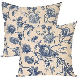 HERHOME Chinoiserie Blue and White Floral Decorative Throw Pillow Covers 18x18 Inch Set of 2 Peony Flower Beige Vintage Outdoor Farmhouse Decor Toile Cushion Case Decoration for Home Sofa Couch