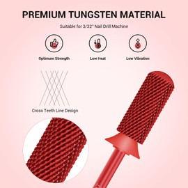 MelodySusie Safety Nail Drill Bits, 3/32'' Smooth Round Top Small Barrel Carbide Bits, Fast Remove Acrylic or Hard Gel for Manicure Pedicure Salon Professional or Beginner, Red, Fine