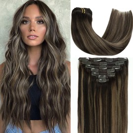 Caliee Real Hair Extension Clip in Human Hair Extensions for Full Head R2-2/6 Balayage Natural Straight Hair Extensions for Women 16inch 120g 7Pcs