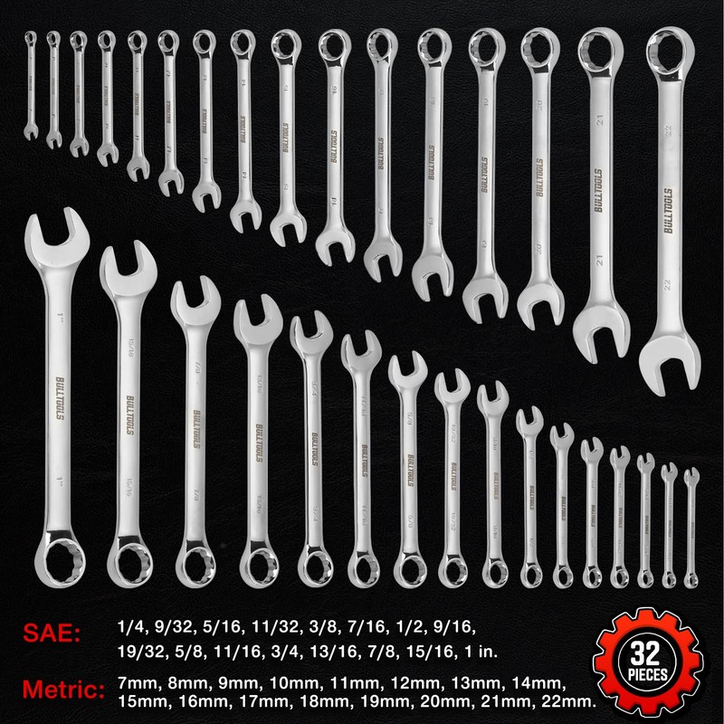 BULLTOOLS 32-Piece Combination Wrench Set, SAE and Metric 1/4"-1" &