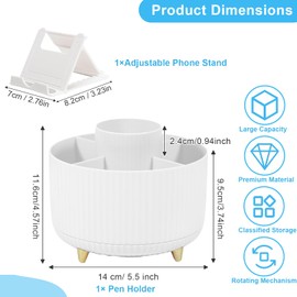 Marte Vanci Pen Pencil Holder, 360°Rotating Desk Organiser Pen Pot with Phone Stand, Makeup Brush Holder 5 Slots Desktop Stationery Art Supply Storage Caddy Accessory for Home Office School White