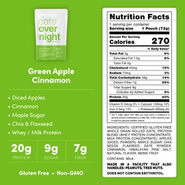 Oats Overnight Green Apple Cinnamon - Overnight Oats with 20g Protein, High Fiber Breakfast Protein Shake - Gluten Free Oatmeal, Non GMO High Protein Oatmeal (2.6 oz per Meal) (8 Pack)
