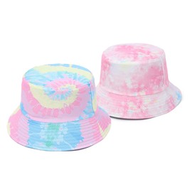 GEMVIE 2 Pcs Unisex Summer Bucket Hat for Women Men Cotton Reversible Double-Side-Wear Tie Dye Bucket Hats Fisherman Beach Sun Cap for Outdoor Activities