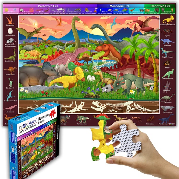 Think2Master 100 Pieces Dinosaurs Jigsaw Puzzle Fun Colorful Educational Toy for Kids, School & Families. Great Gift for Boys & Girls Ages 4-8 to Stimulate Learning. Size:23.4” X 16.5”