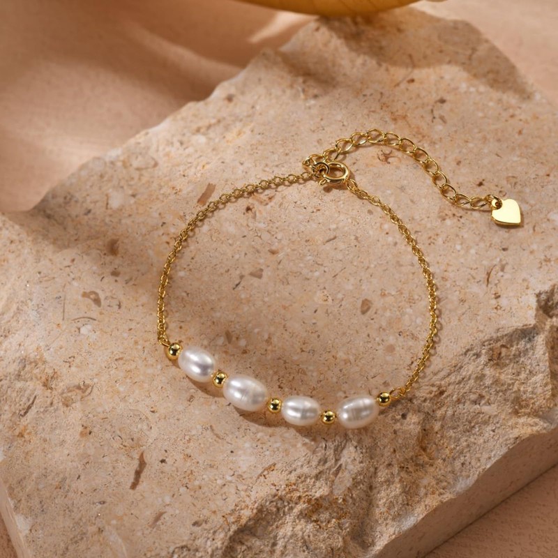 BRAYEG 14K Gold Freshwater Pearl bracelet,Baroque Pearl Bracelet Adjustable Gold