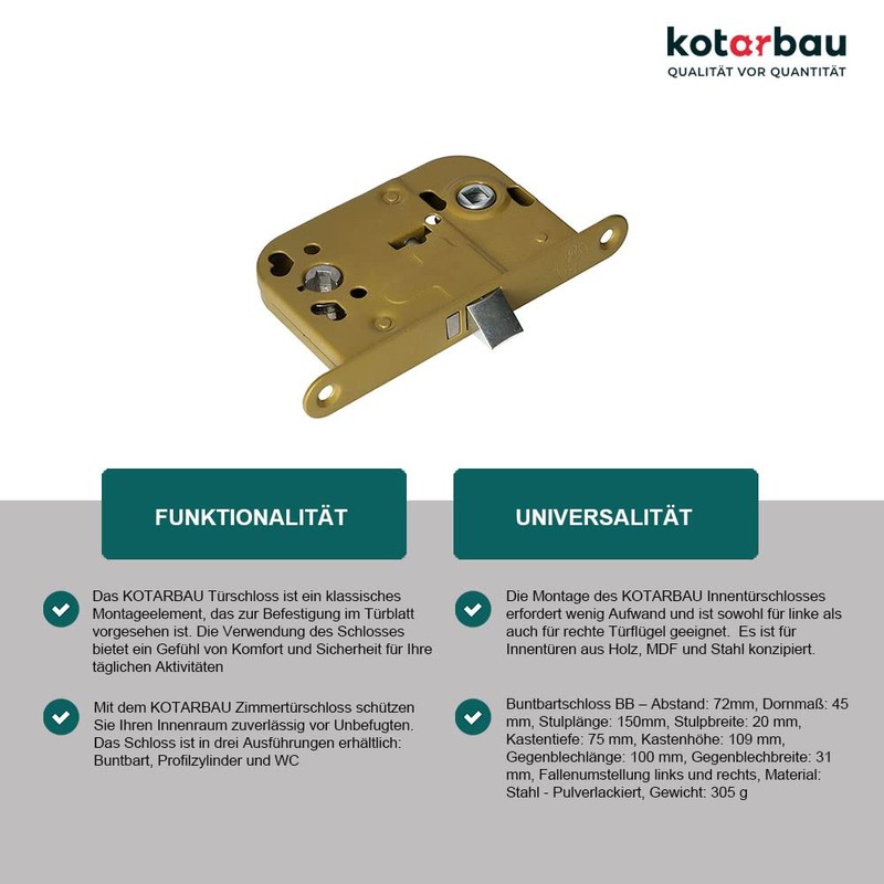 KOTARBAU® Universal BB Mortice Lock 72/45 mm for Internal Doors