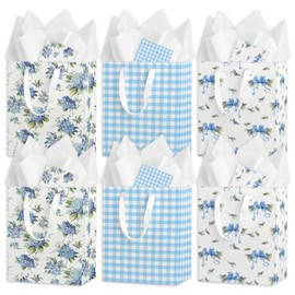 Beautiful Gift Bags Set of 6 - Blue Hydrangea Flowers Medium Sized 9" Bags with Handles incl. Matching Tissue Paper Cards - Reusable & For Presents of Any Birthday，Bridal Shower，Anniversary，Weddings