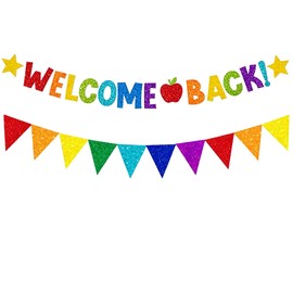 Glitter Welcome Back Banner Glitter Pennant Banner for Welcome Back to School Decorations First Day of School Decorations