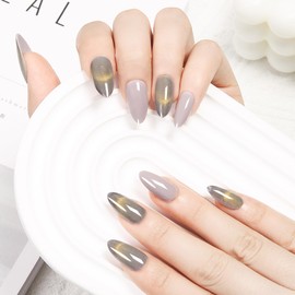 Withered Hnad Press On Nails - Semi-Transparent Glitter Short Almond False Nails, Reusable Stick On Fake Nails with Glue | Salon Quality - 24 Nails Kit