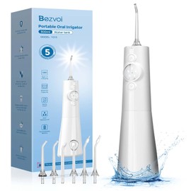 Bezvoi Water Dental Flosser Cordless: Professional Water Floss LED Display 5 Modes, 300ML Water Tank, IPX7 Waterproof Portable Oral Irrigator with 6 Jet Tips for Travel, Home (White)