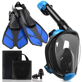 Viginsul Mask Fins Snorkeling Gear for Adults, Full Face Snorkel Mask & Adjustable Swim Fins Snorkel Set, Panoramic View Snorkel Mask Dry Top Anti-Fog Anti-Leak (Black Blue, S/M mask+L/XL fins)