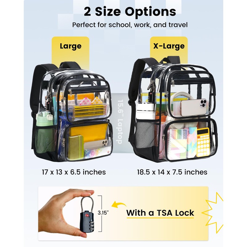 Vorspack Clear Backpack with TSA Lock, Large Clear Bookbag, Black
