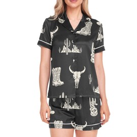 JULYTO Womens Pajama Sets Button Western Theme Short Pajama Set for Women Boot Silk Satin Pajamas Set for Women L Multi