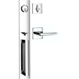 Berlin Modisch Full Escutcheon HandleSet Front Door Entry Handle and Deadbolt Lock Set Slim Square Single Cylinder Deadbolt and Lever Heavy Duty – Polished Chrome Finish