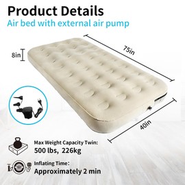 MIYUEXIN Twin Air Mattress with Fast Inflating Pump, Blow up Mattress of Wave Flocked Top, Durable Air Bed for Home, Camping & Guests 8in Bed Height – 500lb Weight Capacity