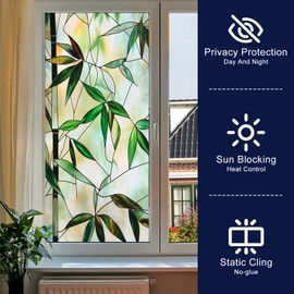 HOMETITUTE Green Leaf Window Privacy Film Bamboo Stained Glass Privacy Stained Glass Window Film Decorative Living Room Sun Blocking Decor Removable Static Cling Sticker 17.71x39.97inch
