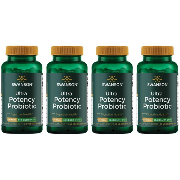Swanson Ultra Potency Probiotic Digestive Health Immune System Support 66 Billion CFU Prebiotic NutraFlora scFOS 60 DRcaps Veggie Capsules (Caps) (4 Pack)
