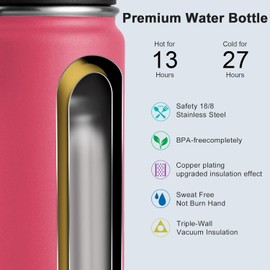 koodee Insulated Water Bottle, 22oz Stainless Steel Double Wall Vacuum Wide Mouth Sport Bottle with Leakproof Spout Lid (Pink Red)