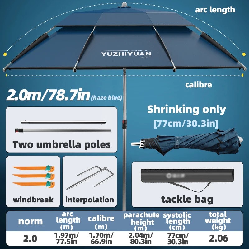 YUZHIYUAN UPF 50+ Fishing Umbrella, Portable Telescopic Beach Sunshade with