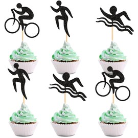 Blumomon Pack of 24 Swim Bicycle Run Cupcake Toppers, Black Glitter Triathlon Cupcake Picks, Sport Theme Cupcake Topper, Decoration