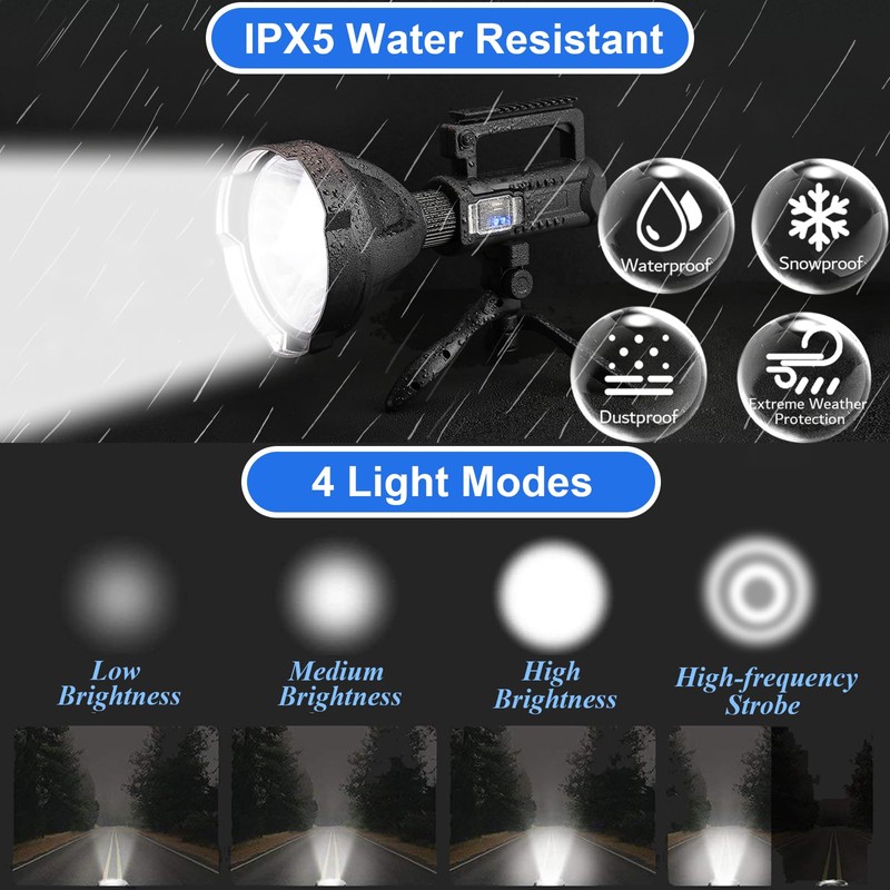 Peascat Spotlight Rechargeable High Lumens 200,000L, 4 Modes Super Bright