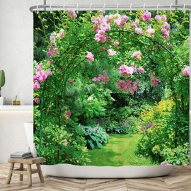 ASDCXZ Garden Shower Curtain 180 x 180 cm, Spring Garden Outdoor Rose Flowers Green Leaves Sunshine Bath Washable Shower Curtains Polyester Textile Waterproof Bath Curtain for Bath with 12 Hooks