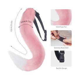 Long Fox Tail Cosplay Faux Fur Fox Wolf Tail Kit with Ears and Bell Collar for Children Girls Boys Teens Women Kids Party (65 cm) (Pink & White), pink / white