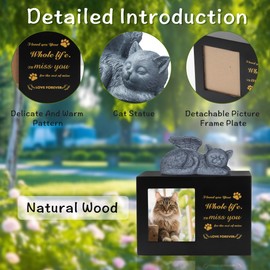 DiDiBirDi Pet Urn for Cat Ashe, Black Wooden Keepsake for Hair, Memory Box with Resin Animal Statue and Sealed Storage Bags (75lbs)