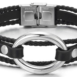 COOLSTEELANDBEYOND Men's Women's Three Strands Black Braided Leather Bracelet Sweatband with Stainless Steel Open Oval Charm, Leather, Non-applicable