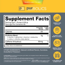 Purbolics Aminos + Energy | Supports Recovery, Energy & Focus | 95mg of Caffeine, 0 Sugar & 60 Servings (Tropic Like It's Hot)