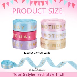 PH PandaHall 6 Rolls Happy Mother's Day Ribbon Mom Ribbon 1.7cm Polyester Grosgrain Craft Ribbon Decorative Ribbon with Gold Stamping Words for Gift Wrapping Flower Bouquet Party Decoration, 27.4m