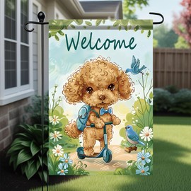 Starlit Patio Welcome Spring Summer Garden Flag Cute Poodle Dog Garden Flag 12x18 Double Sided Decorative Spring Scooter Poodle Flowers Birds Farmhouse Yard Lawn Outdoor Decor