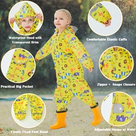 Fewlby Kids Puddle Suit Boys Girls Rain Suit All in One Waterproof Overalls Toddler Muddy Suit Hooded Raincoat Cartoon Rainwear 1-3 Years S Size