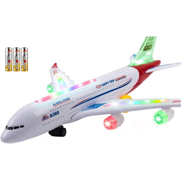 Toysery Airplane Toys for Kids, Bump and Go Action Airbus A380 Model Airplane Toy for Boys and Girls with Flashing Light Up, Real Jet Sound – Battery Powered Electric Plane - 3 AA Batteries Included