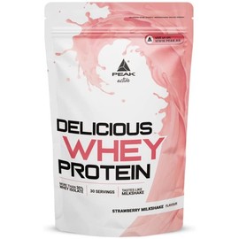 PEAK Delicious Whey Protein - 900 g Flavour Strawberry Milkshake I 30 Servings I Powder I Protein Source: Whey Protein Concentrate + Isolate I No Added Sugar I with Digestive Enzyme Lactase