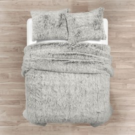 Lush Decor Emma Cozy Soft Fluffy Two Tone Faux Fur Comforter Set, King, Gray - College Dorm Shaggy Plush Warm 3 Piece Bedding Set
