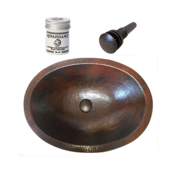 19" Oval Copper Hammered Bath Sink with Drain & Wax