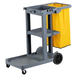 Restaurantware-Clean Tek Professional Janitor Cart with Wheels, 1 Cleaning Trolley with 18 Gallon Bag - 3 Shelves, Heavy-Duty, Gray Plastic Commercial Janitorial Cart, for Restaurants