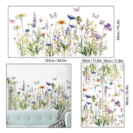 Wildflower Grass Daisy Wall Decals, Garden Floral Butterflies Flower Wall Stickers, BWCXXZH Self-Adhesive Wall Art Stickers for Girls Bedroom Living Room Nursery Decor