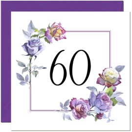 60th Floral Birthday Card - Purple Beautiful Flowers Elegant Birthday Card for 60 Year old Sixty Sixtieth