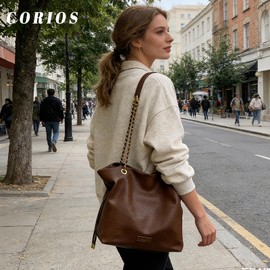 CORIOS Drawstring Bucket Bag for Women PU Leather Handbag Waterproof Shoulder Bag Large Top-Handle Bag Fashion Tote with Chain Leather Strap for Office Work Travel Daily Use Brown