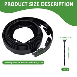 5M Flexible Lawn Garden Edging Border, 4cm High Black Reinforced Plastic Grass Border for Flower Beds Edging, Outdoor Pavement and Lawn Design, Includes 15 Durable Securing Pegs