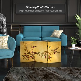 Red Lantern 2 ft. Short Double Sided Plum Tree Canvas Folding Screen 3 Panel Freestanding Partition and Separator for Modern and Contemporary Bedroom, Home Office, Studio, Dorm, Apartment